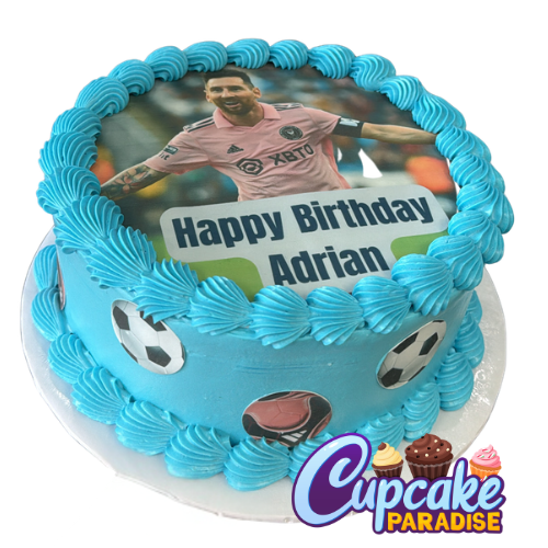 Custom Messi Soccer Themed birthday cake with edible photo, soccer ball decorations, and blue buttercream frosting made by Cupcake Paradise Toronto.